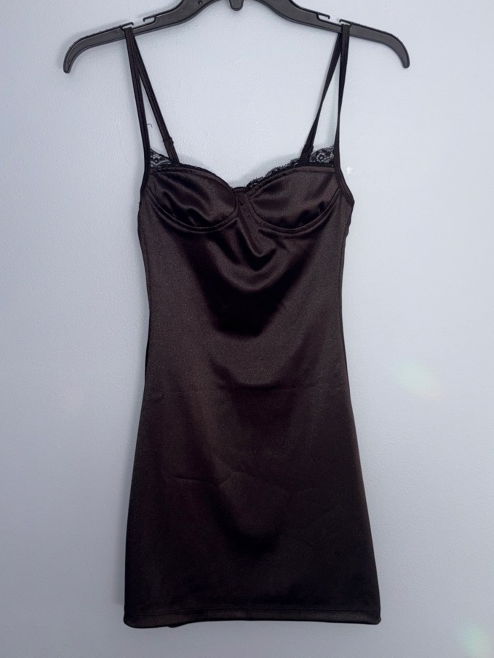 NWT Motel Black Satin Slip Dress with Lace Trim